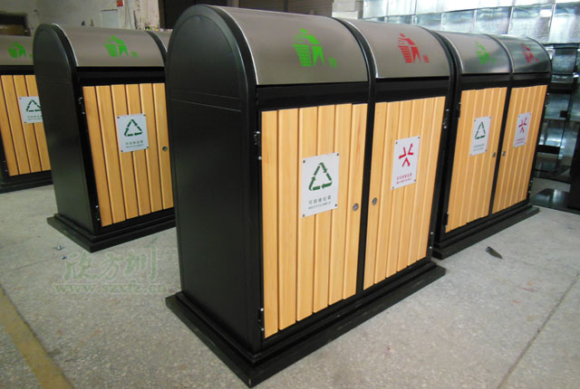推蓋環(huán)保鋼木分類(lèi)垃圾桶工廠生產(chǎn)圖